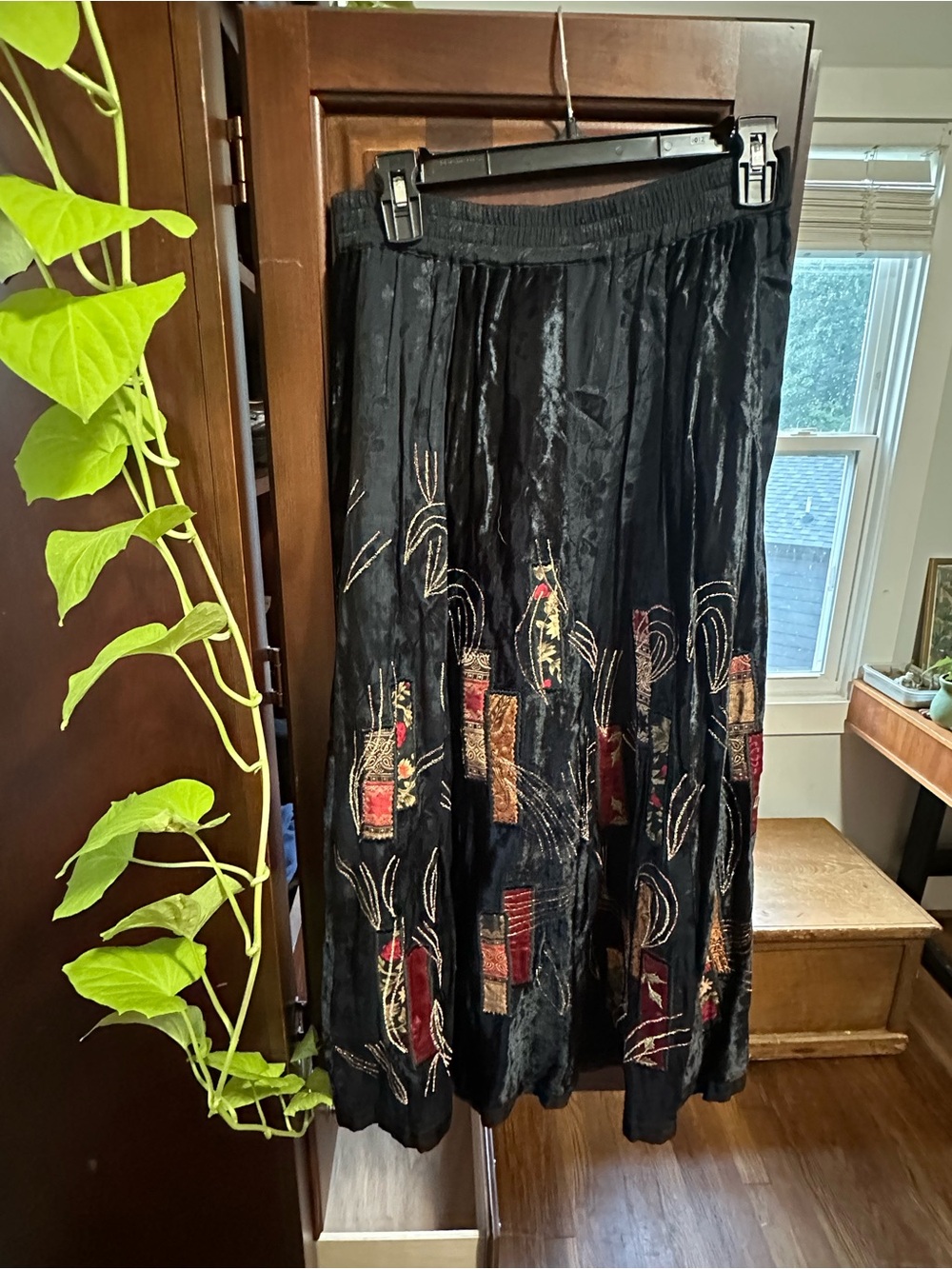 Vintage Coldwater Creek Black Velvet Embroidered Patchwork Maxi Skirt - PS Boho